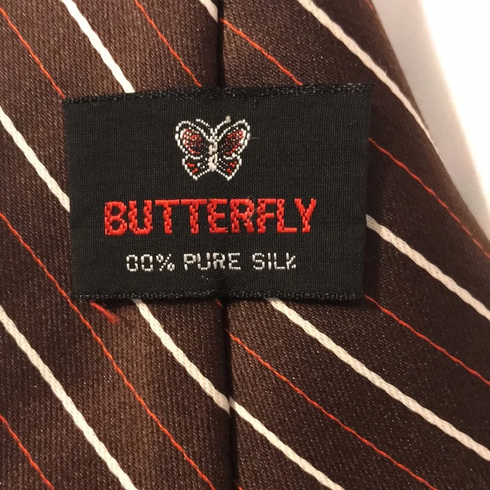 Butterfly brand Pure silk mens tie brown, white, & orange stripes 52.5 inches - Picture 2 of 4